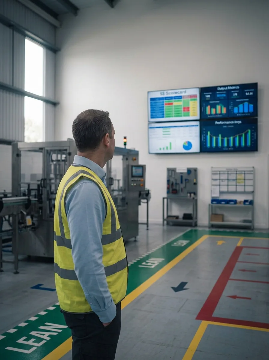 Operations leader in hi-vis standing at the edge of a production hall