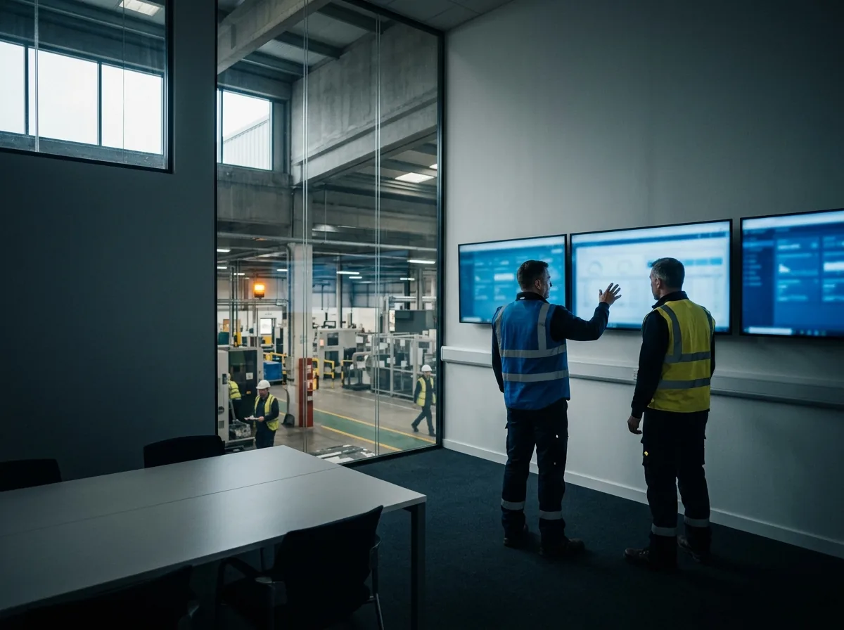 Operations managers reviewing live performance screens in a glass-walled room beside the production floor