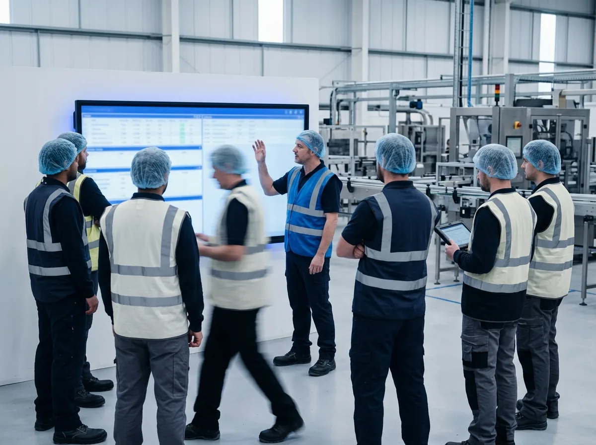 Shift team at a daily stand-up in front of a wall-mounted digital performance board