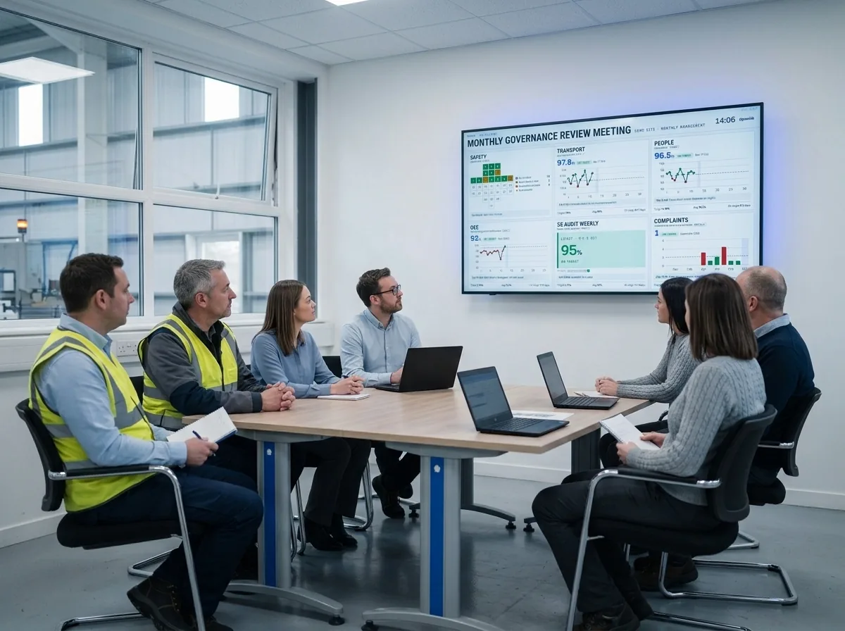 Monthly governance review meeting in front of a wall screen showing safety, OEE, people and quality KPIs