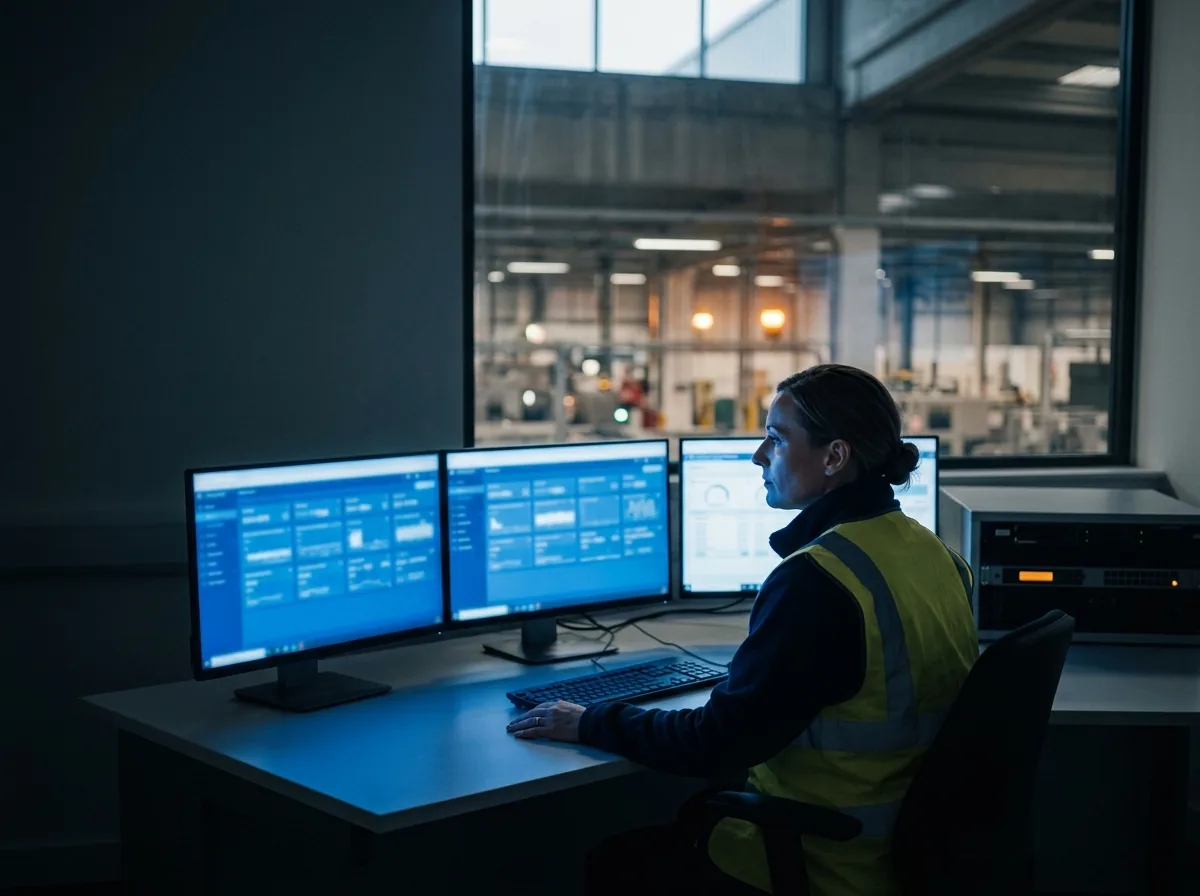 Engineer analysing data at a workstation in a control room overlooking the production line