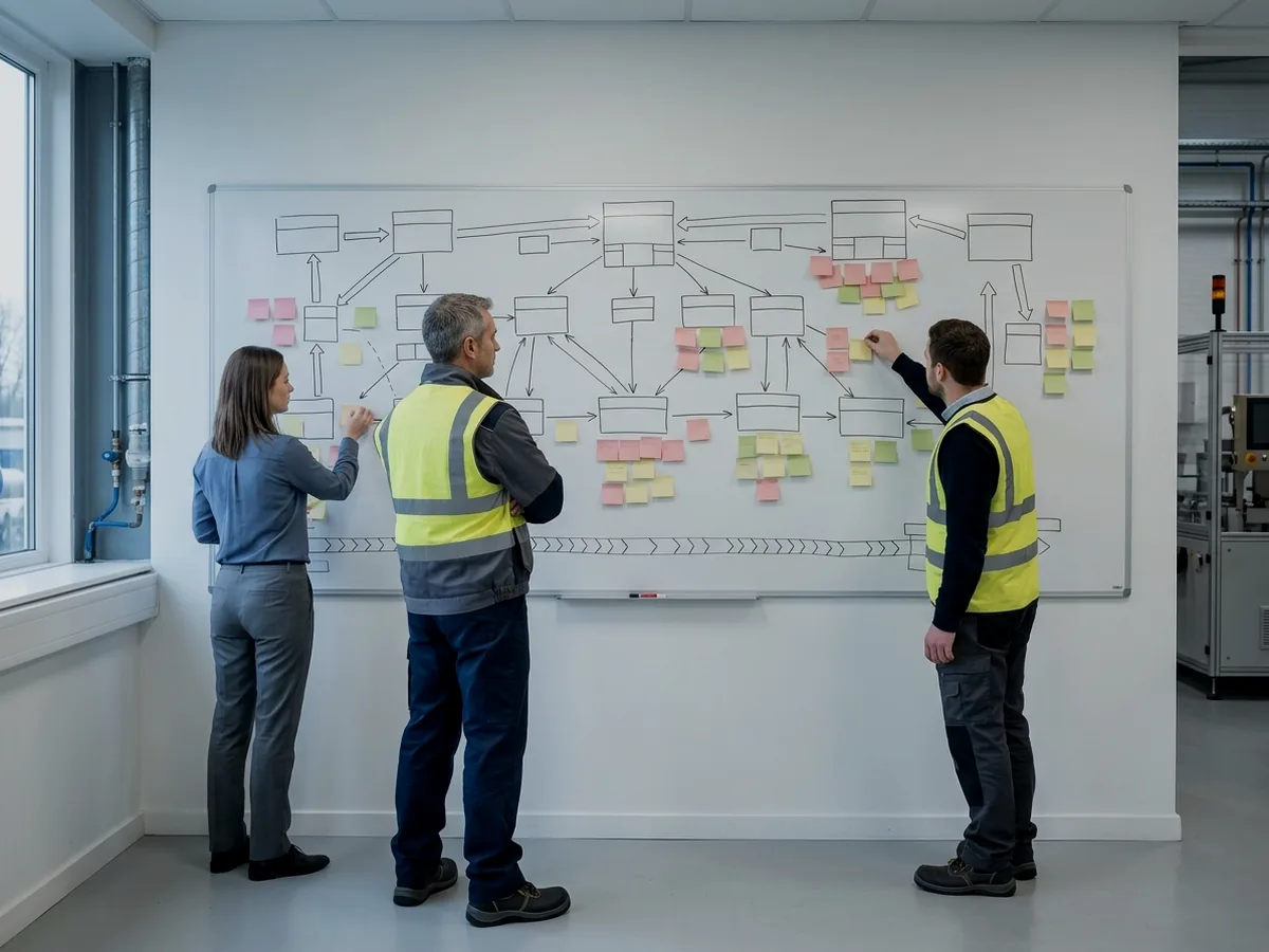 Team building a wall-sized value stream map with sticky notes