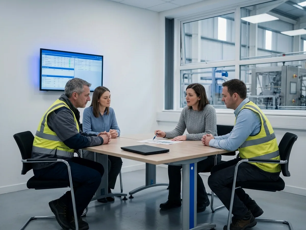Monthly governance review around a meeting table with a printed performance report