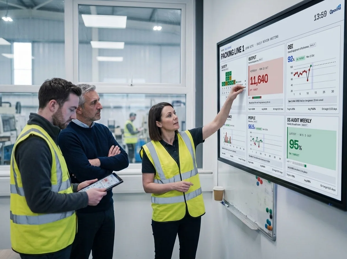 Team leader walking two colleagues through a live digital DRM board showing safety, output, OEE, people and 5S audit KPIs