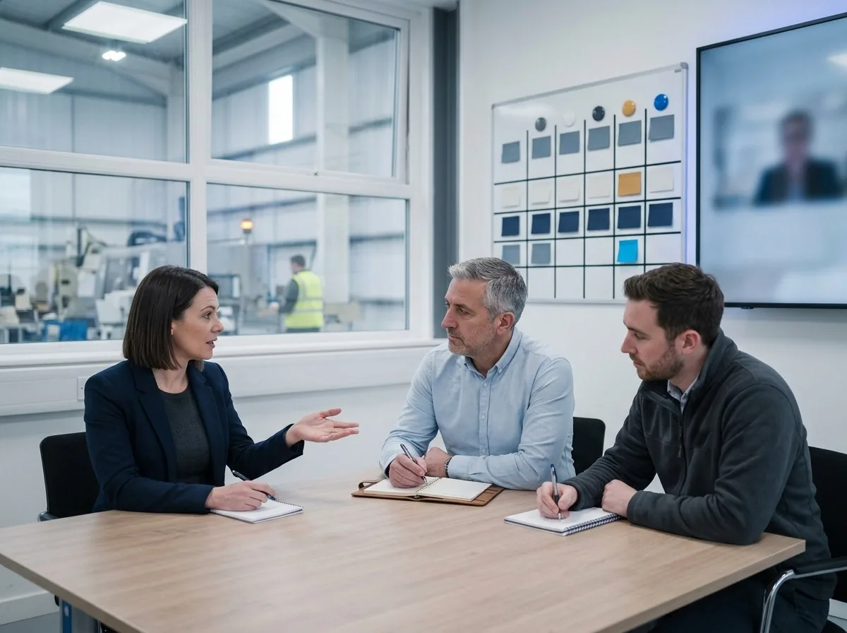 Leadership team planning together in a meeting room, with a remote facilitator on screen