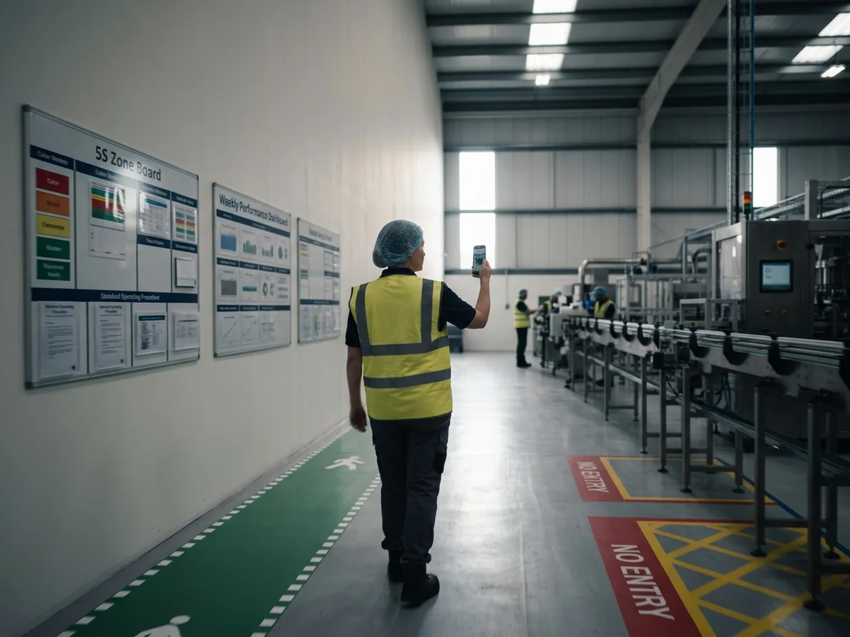 Site lead walking the production floor while filming on a phone for a remote Virtual Gemba